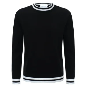 Men’s Retro Varsity Knit Sweater – Vintage Black with White Striped Trim