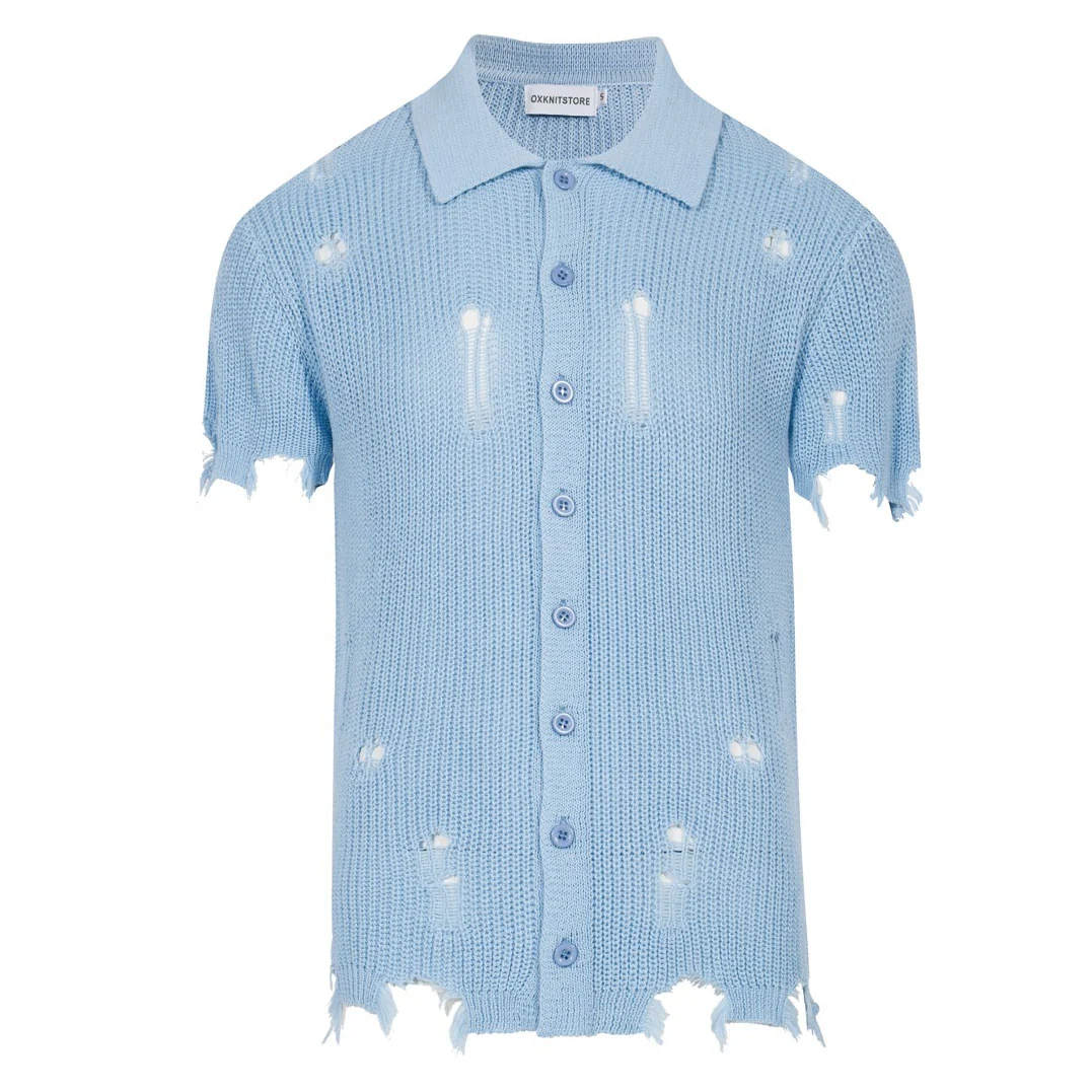 Men’s Retro Distressed Knit Shirt – Vintage Sky Blue Button-Up with Raw Edges - Image 2