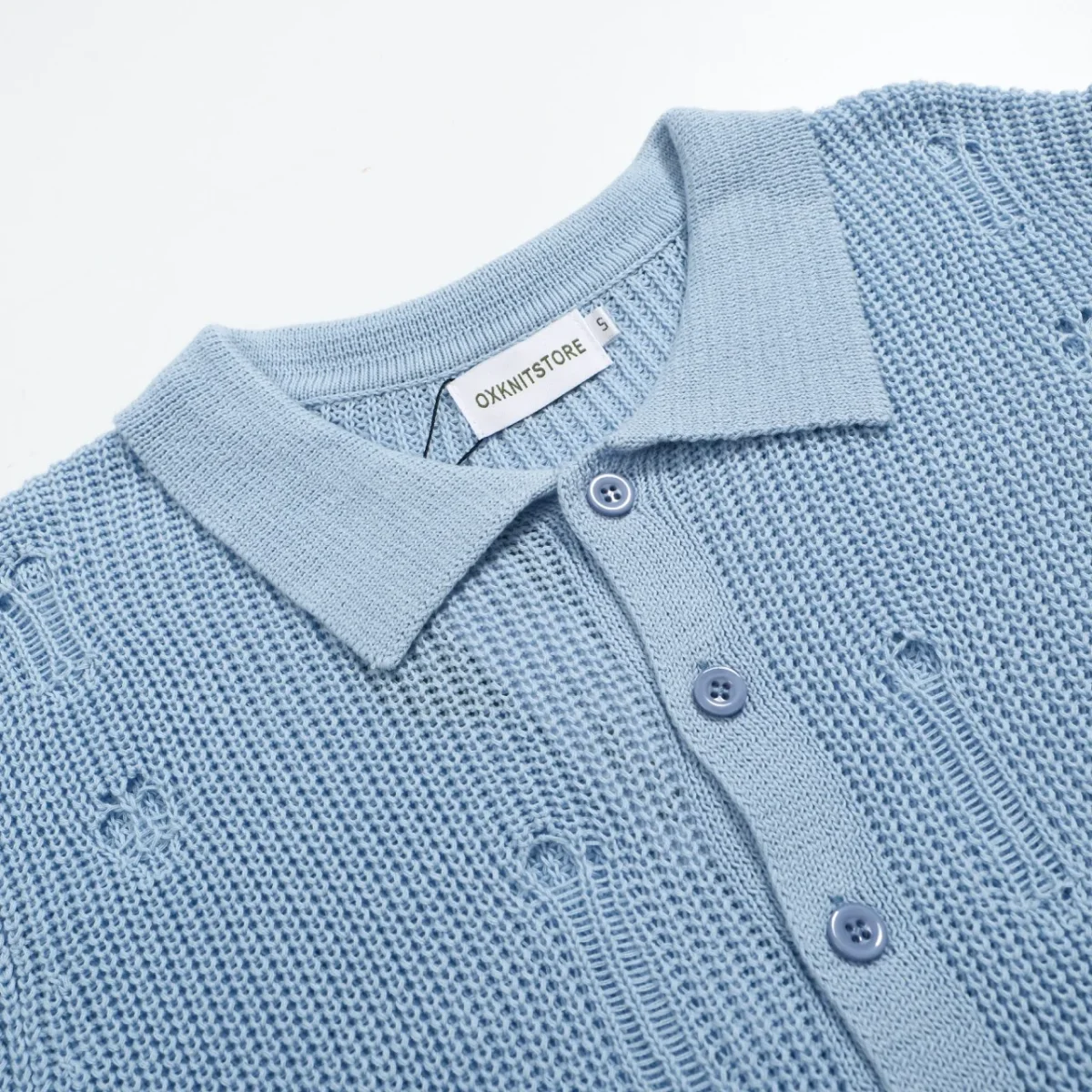 Men’s Retro Distressed Knit Shirt – Vintage Sky Blue Button-Up with Raw Edges - Image 6