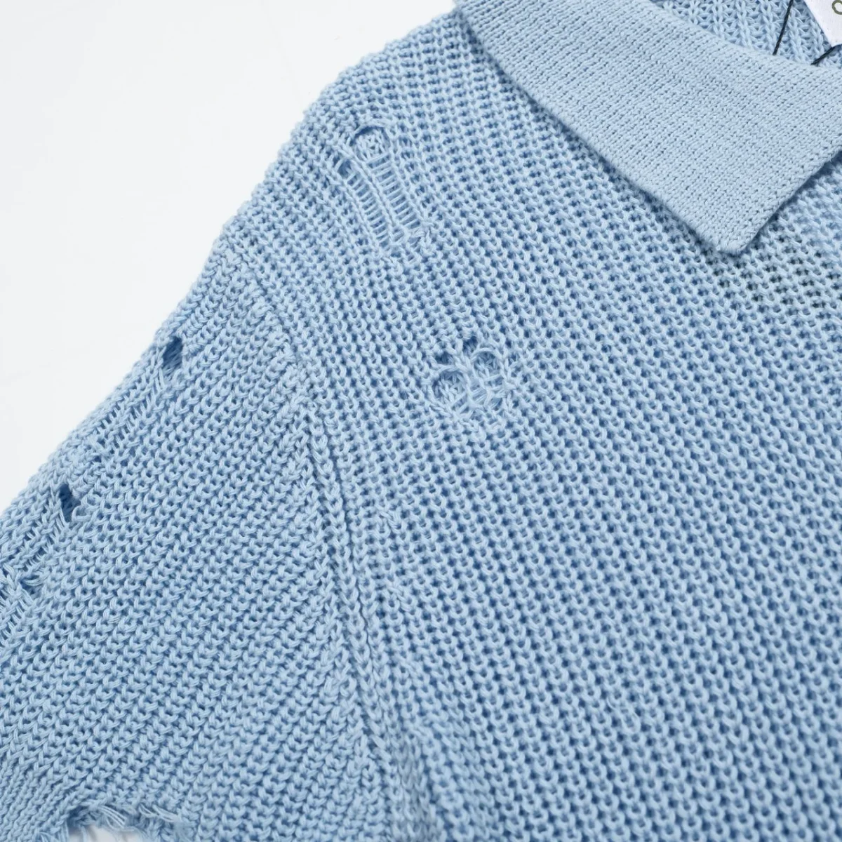 Men’s Retro Distressed Knit Shirt – Vintage Sky Blue Button-Up with Raw Edges - Image 8