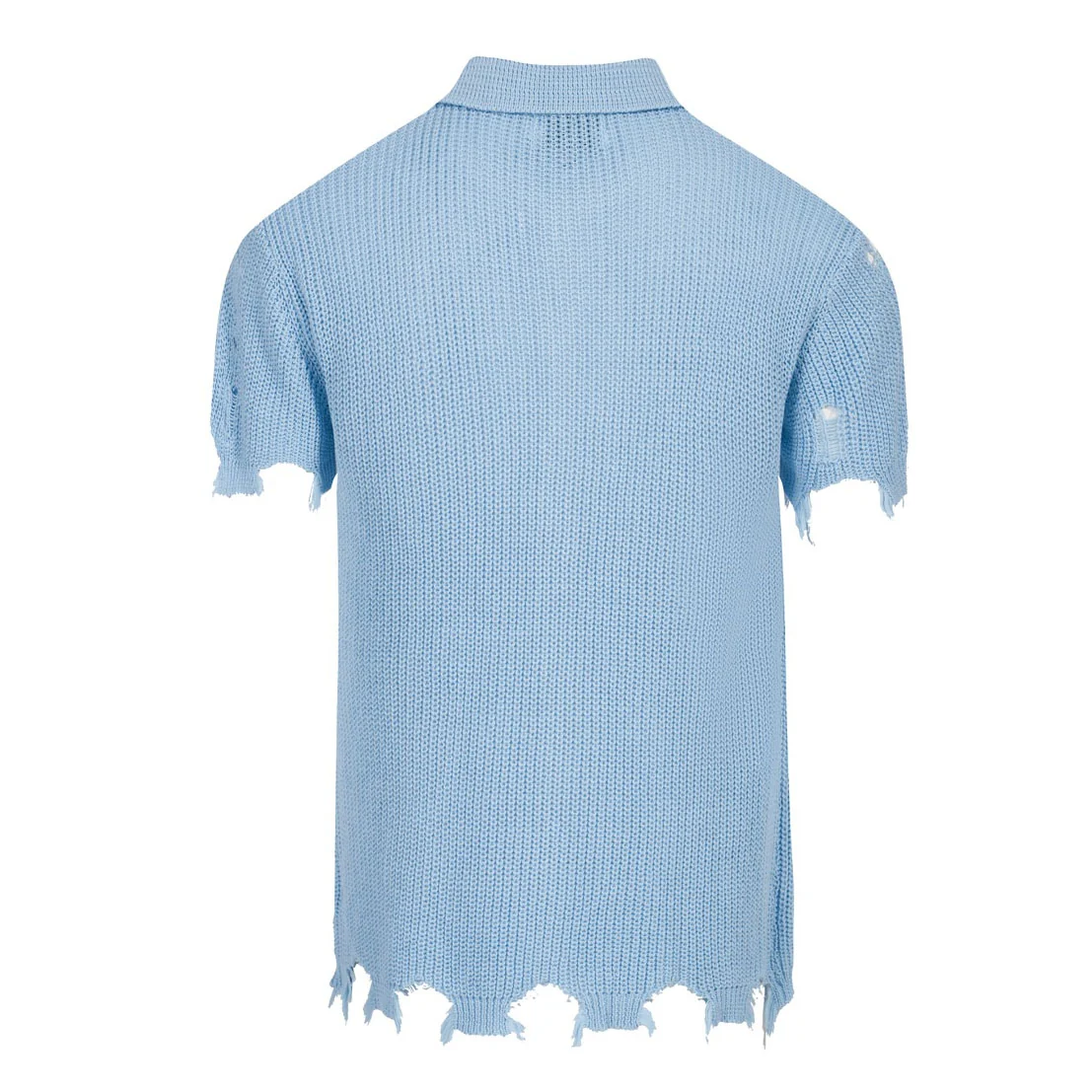 Men’s Retro Distressed Knit Shirt – Vintage Sky Blue Button-Up with Raw Edges - Image 3