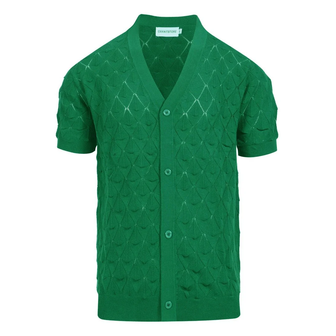 Men’s Vintage 1970s Knit Cardigan Shirt – Retro Emerald Green Openwork Short Sleeve - Image 2