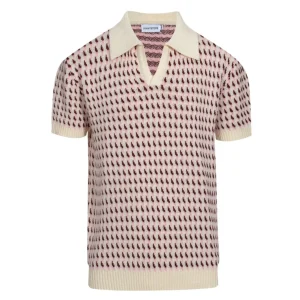 Men's 60s Cream Knit Polo Shirt – Burgundy Micro Pattern Retro Style