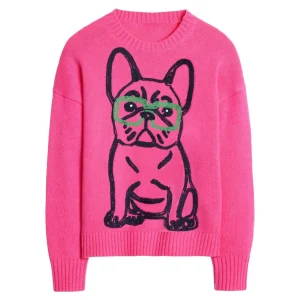 Women’s Hot Pink French Bulldog Sweater – Quirky Knit with Glasses Dog Motif