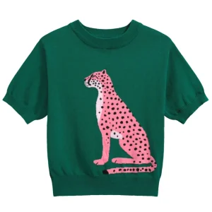 Women’s Pink Cheetah Knit Tee – Graphic Animal Print Sweater Top-Cropped Length