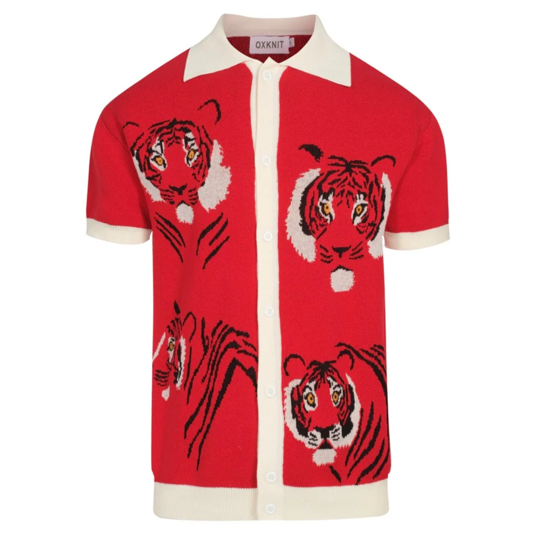 Men's Vintage Red Knit Shirt – Retro Tiger Graphic Button-Up Polo