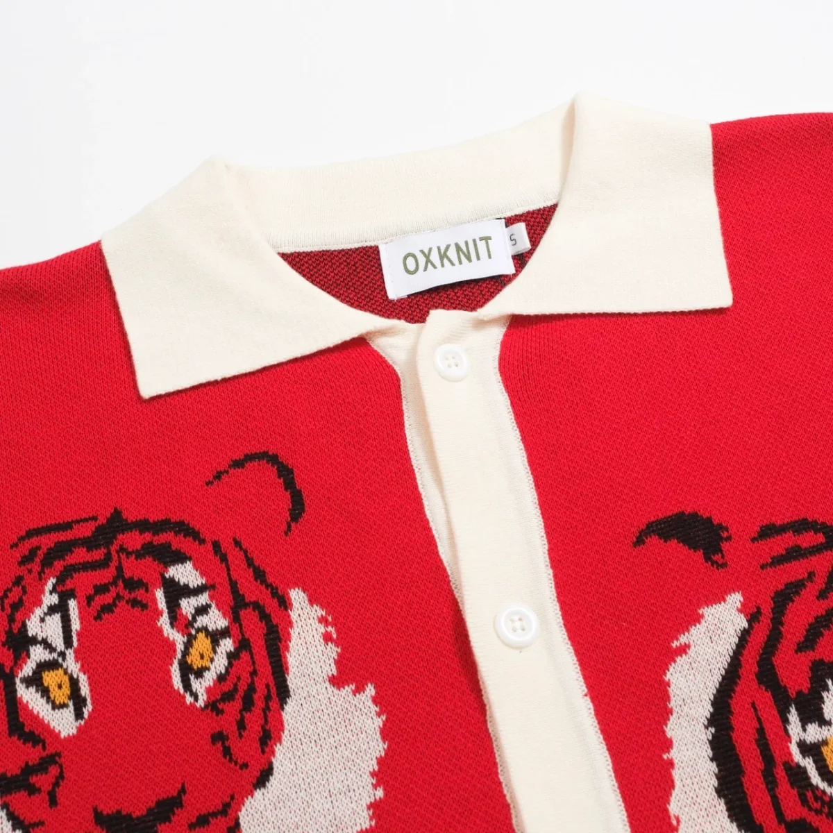 Men's Vintage Red Knit Shirt – Retro Tiger Graphic Button-Up Polo - Image 5