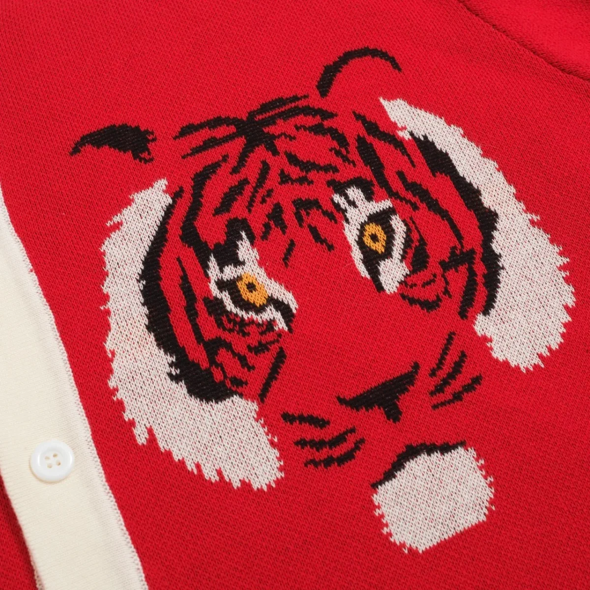 Men's Vintage Red Knit Shirt – Retro Tiger Graphic Button-Up Polo - Image 3