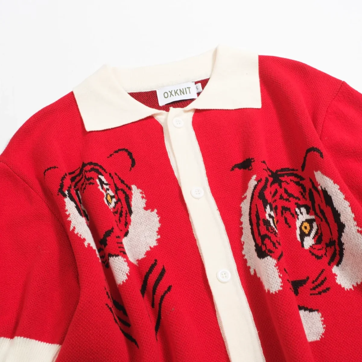 Men's Vintage Red Knit Shirt – Retro Tiger Graphic Button-Up Polo - Image 9