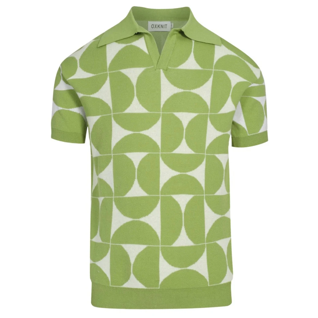 Men's Retro Knit Polo – Vintage Green Geometric Button-Up Shirt - Image 2