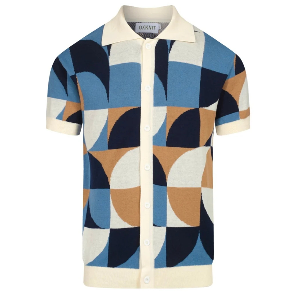 Men's Retro Knit Shirt – Vintage Blue Geometric Button-Up Polo - Image 2