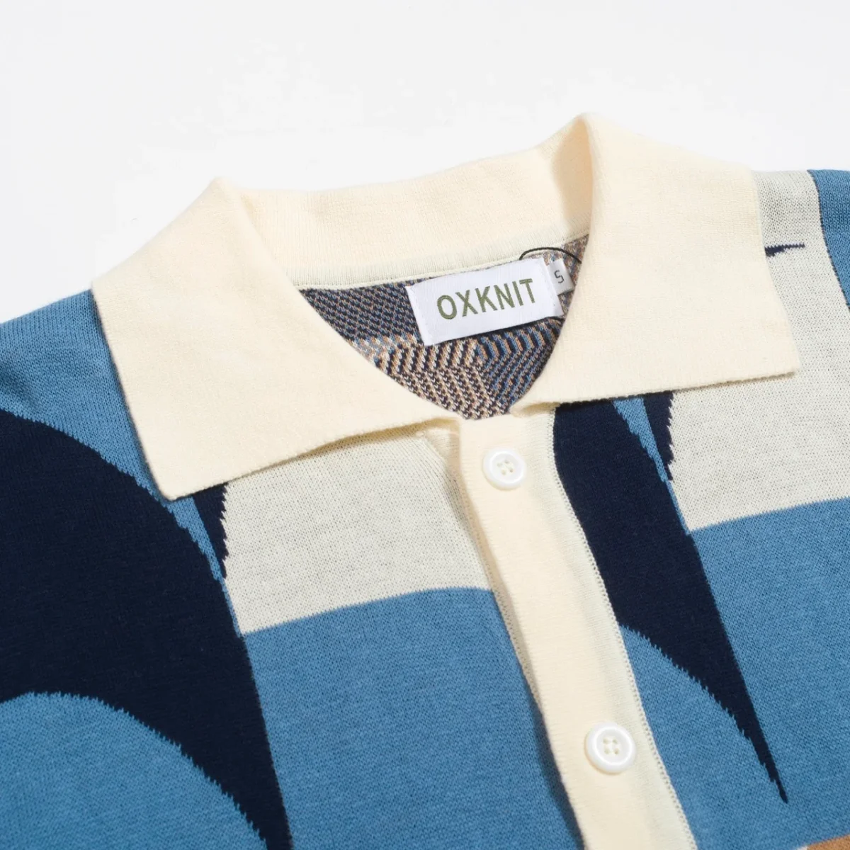 Men's Retro Knit Shirt – Vintage Blue Geometric Button-Up Polo - Image 5