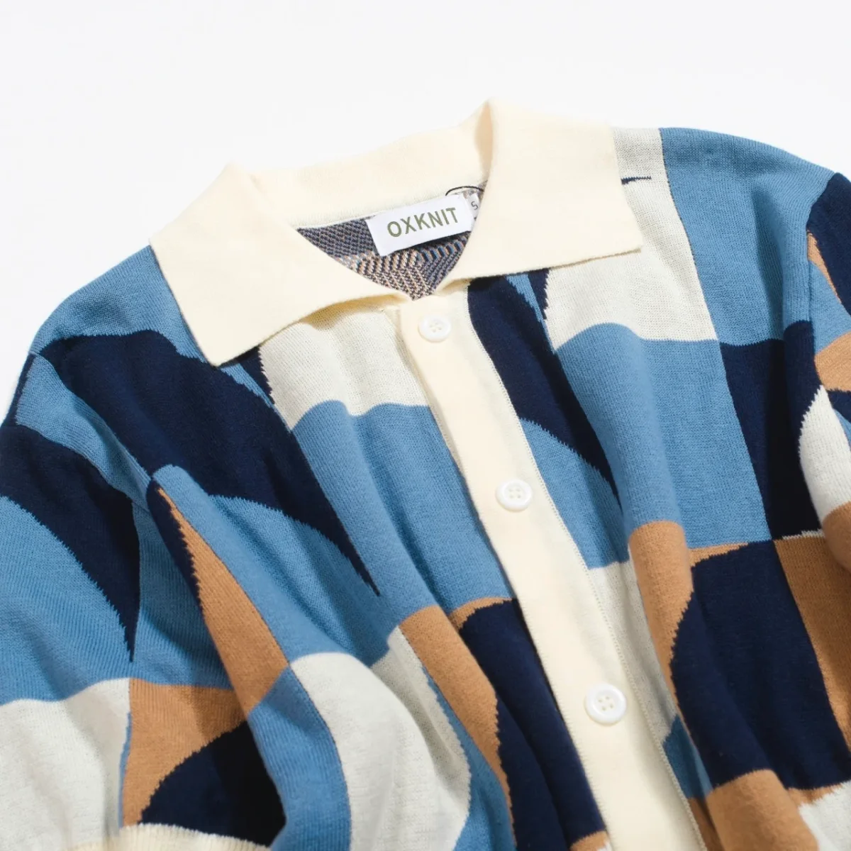 Men's Retro Knit Shirt – Vintage Blue Geometric Button-Up Polo - Image 9