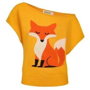 Women's fox jacquard knit diagonal shoulder knit T-shirt - Cropped Length