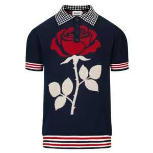 Men's Vintage Rose Houndstooth Art Jacquard Polo Knit Shirt