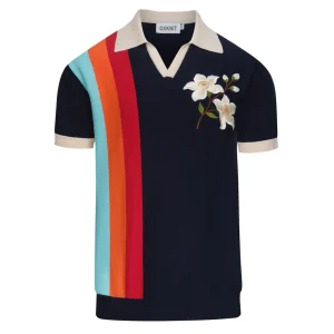Men's Dark Blue Vintage Floral Embroidered Polo Knit Shirt
