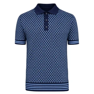 Men's Blue Minimalist Retro Plaid Jacquard Polo Knit Shirt