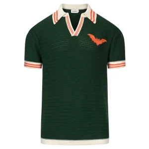 Men's Green Retro Minimalist Bat Embroidery Polo Knit Shirt