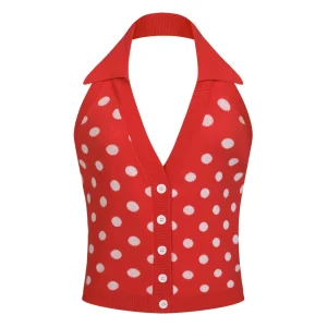Women's Red Retro Polka Dot Style Halter Knit Vest