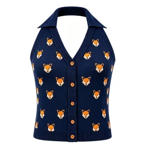 Women's Dark Blue Classic Fox Jacquard Style Halter Knit Vest