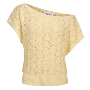 Women's Yellow Hollow-Out Textured Knit Off-Shoulder T-Shirt - Cropped Length