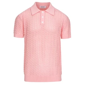 Men's Pink Retro Cable Knit Twisted Hollow-Out Knit Polo Shirt