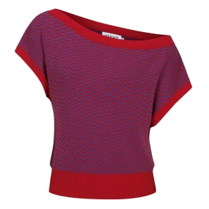 Women's Burgundy Retro Wavy Striped Jacquard Knit Shoulder T-shirt - Cropped Length