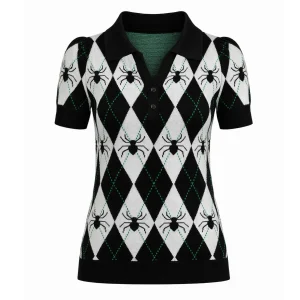 Women's Black Fun Argyle Jacquard Polo Collar Knit T-Shirt