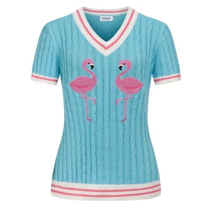 Women's Light Blue Retro Cable Knit Animal Embroidered V-Neck Knit T-Shirt