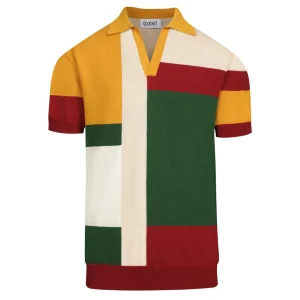 Men's 70s Color Block Geometric Jacquard Knit Polo Shirt