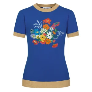 Women's Navy Retro Floral Embroidered Knit T-Shirt