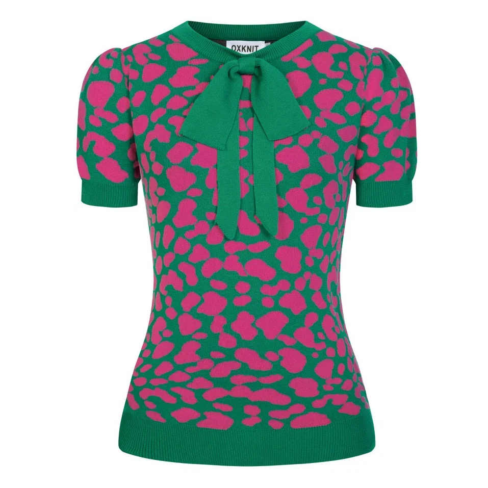 Women's Green Retro Colorblock Leopard Tie Jacquard Knit T-Shirt - Image 2