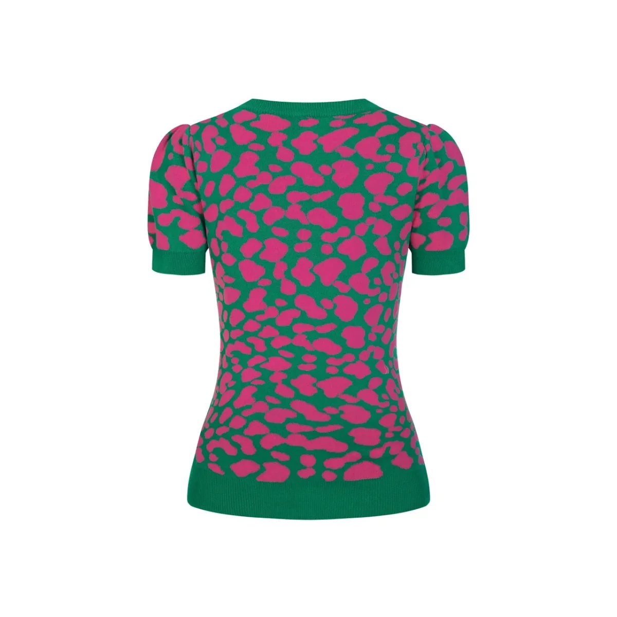 Women's Green Retro Colorblock Leopard Tie Jacquard Knit T-Shirt - Image 4