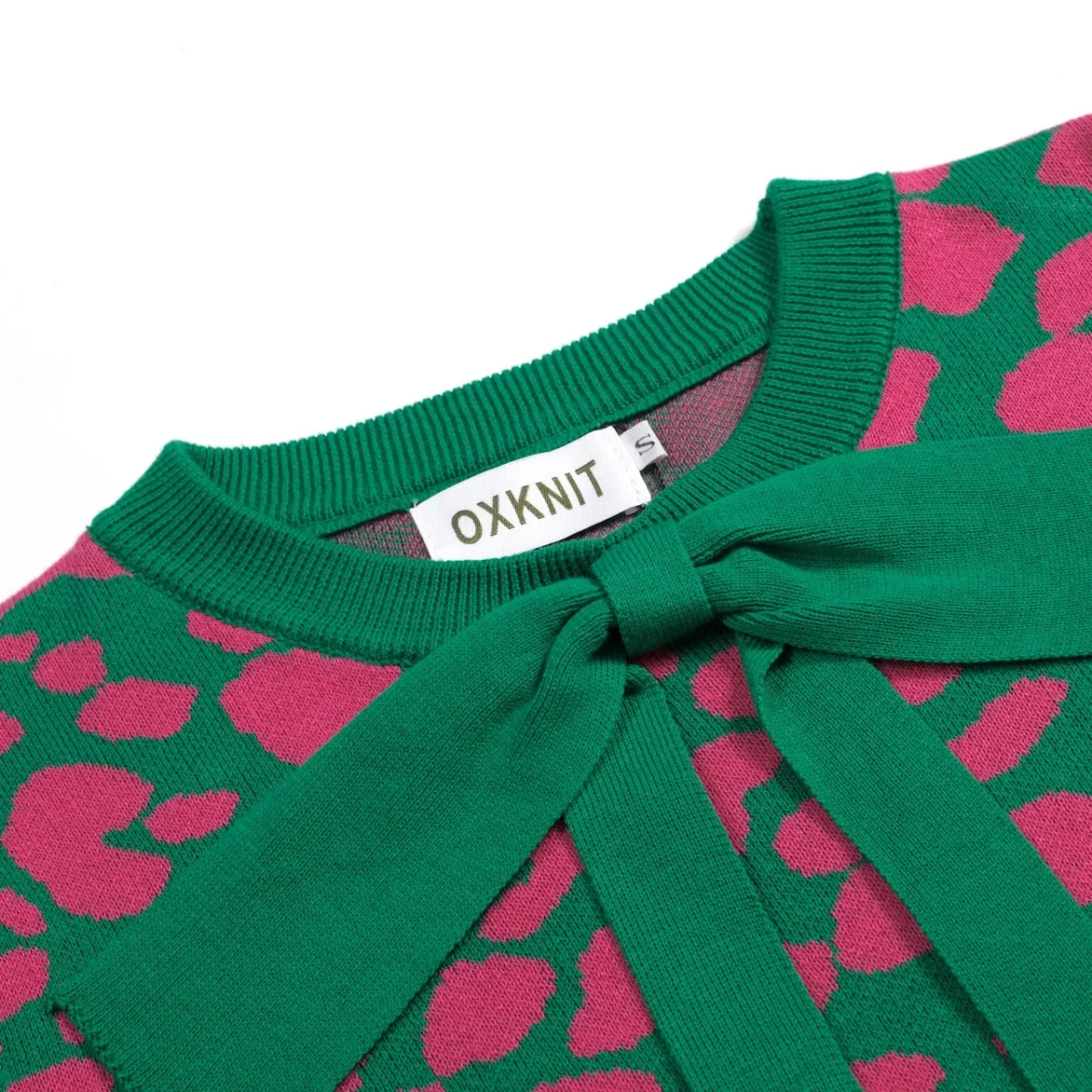 Women's Green Retro Colorblock Leopard Tie Jacquard Knit T-Shirt - Image 5