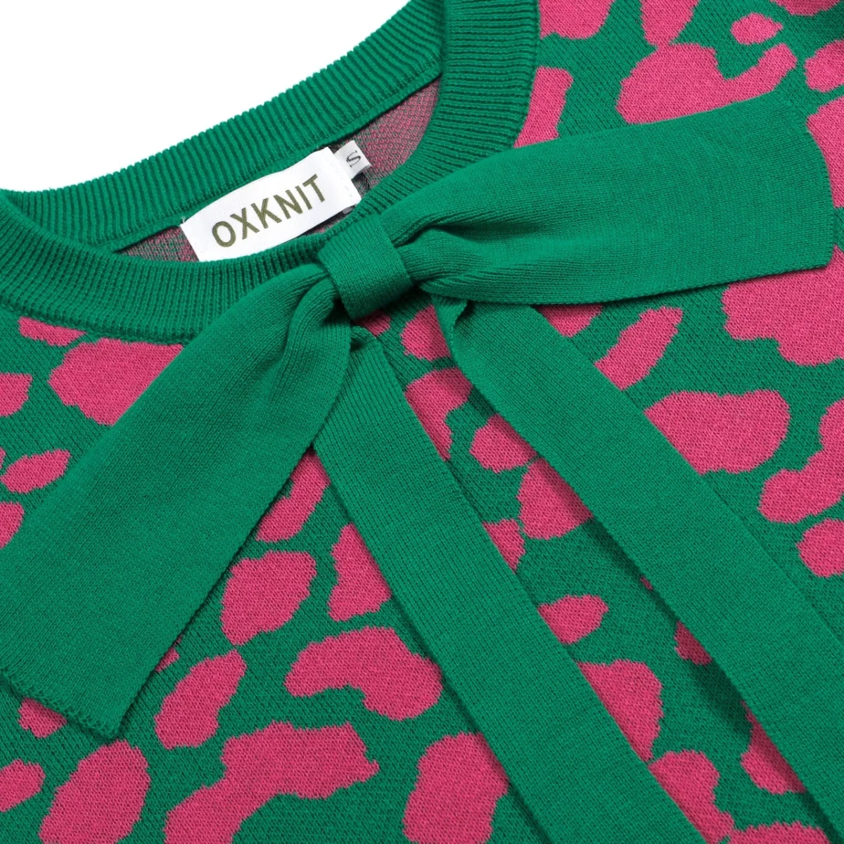 Women's Green Retro Colorblock Leopard Tie Jacquard Knit T-Shirt - Image 6