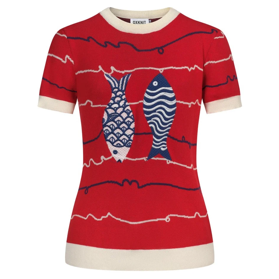 Women's Red Retro Fun Fish Embroidery Knit T-Shirt - Image 2