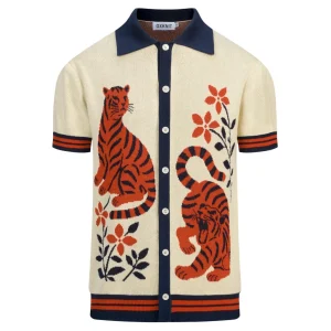 Men's Apricot Retro Safari Resort Style Polo Collar Knit Cardigan T-Shirt