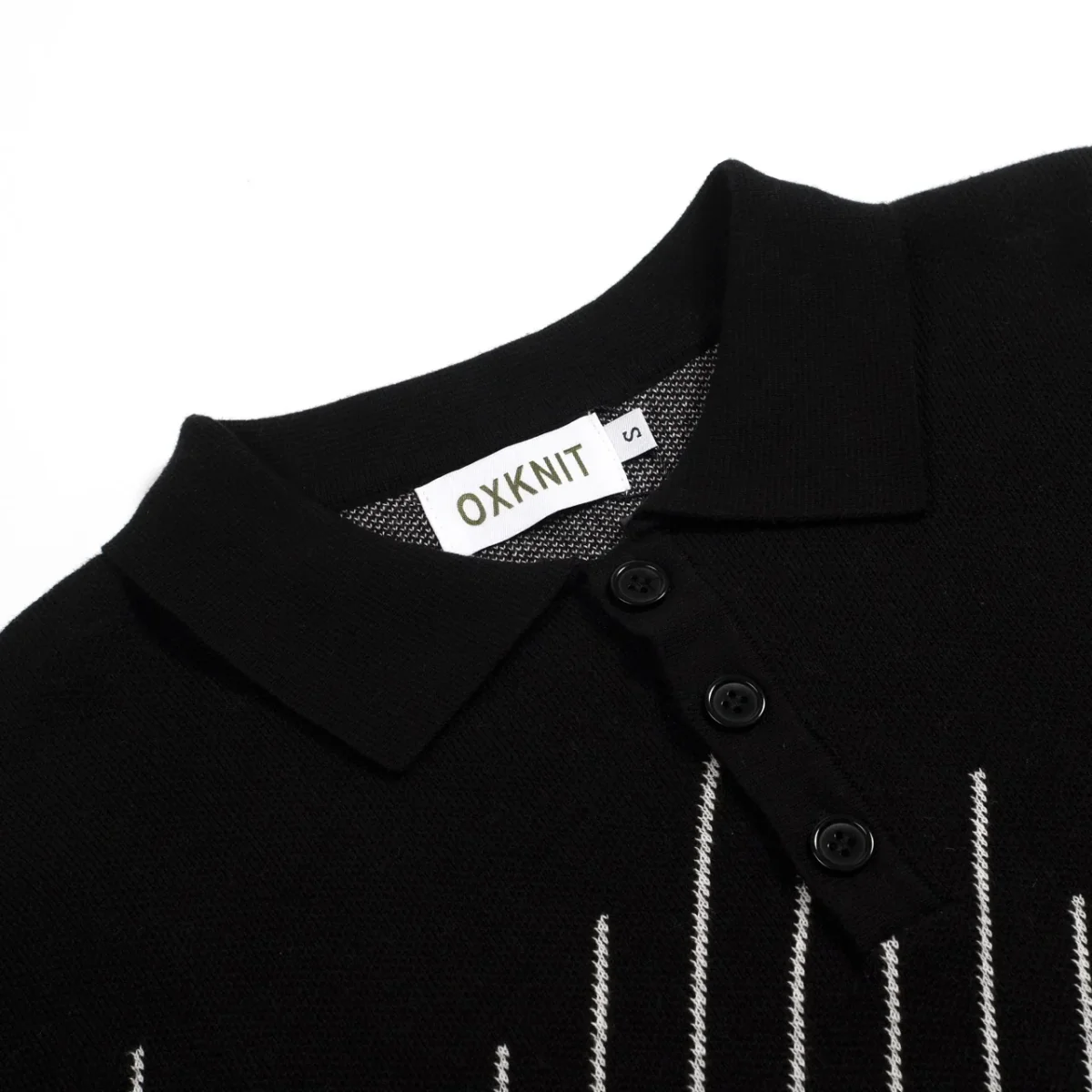 Men's Black Retro Old Money Diagonal Stripe Jacquard Polo Knit T-Shirt - Image 4