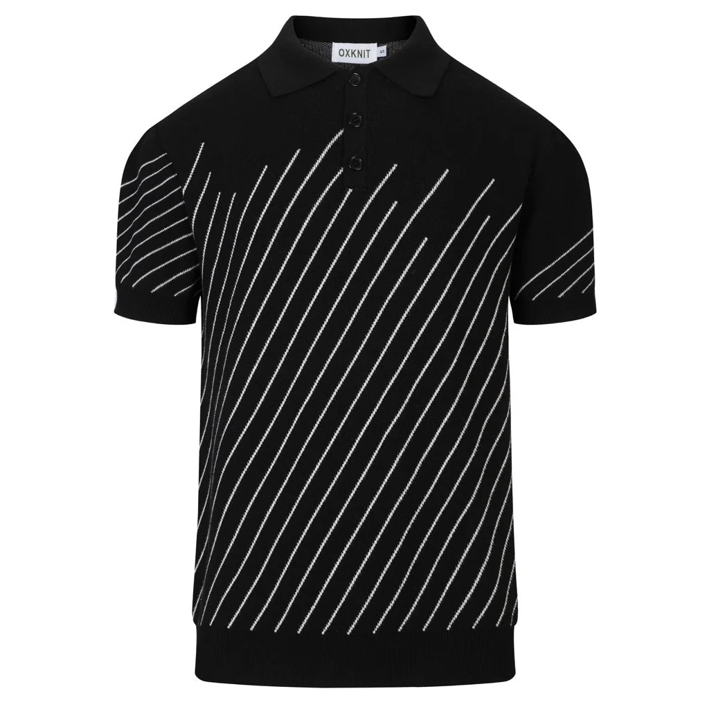 Men's Black Retro Old Money Diagonal Stripe Jacquard Polo Knit T-Shirt
