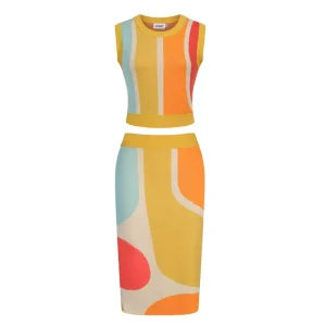 Women's Yellow 70s Pop Geometric Knit Tank Dress Set
