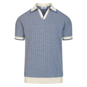 Men's Blue 70s American Sports Style Polo Knit T-Shirt
