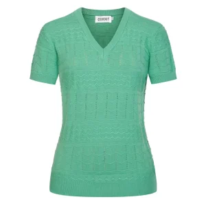Women's Green 60s Delicate Hollow Pattern V-Neck Knit T-Shirt