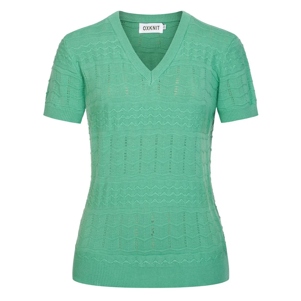 Women's Green 60s Delicate Hollow Pattern V-Neck Knit T-Shirt - Image 2