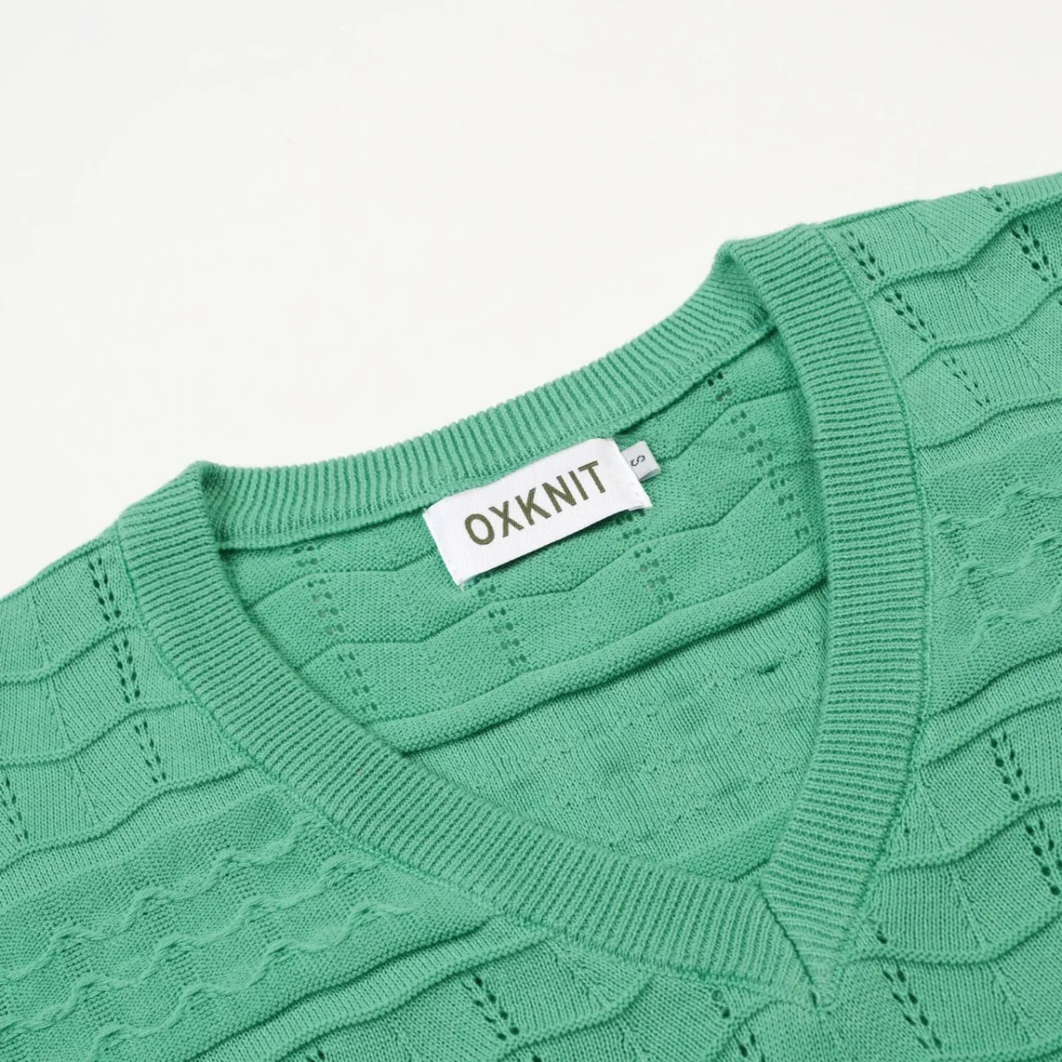 Women's Green 60s Delicate Hollow Pattern V-Neck Knit T-Shirt - Image 5