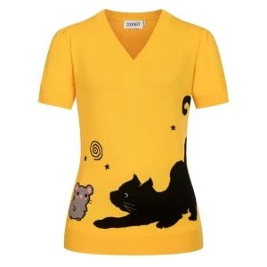 Women's 70s Yellow Fun Cat V-Neck Knit T-Shirt
