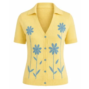 Women's Yellow Retro Sweet and Fresh Style Polo Knit Cardigan