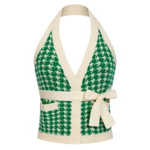 Women's 60s Green Houndstooth Jacquard Halter Knit Vest