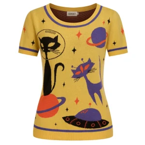 Women's Yellow 60s Space Cat Jacquard Knit T-shirt - Designed by Tala Hunt