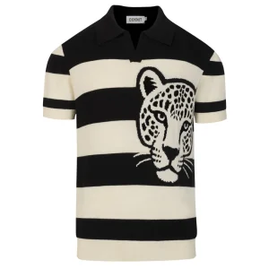 Men's Black Safari Stripe Leopard Knit Polo Shirt