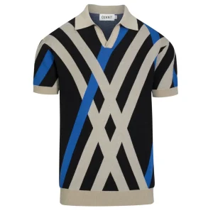 Men's Black Retro Bauhaus Stripe Knit Polo Shirt